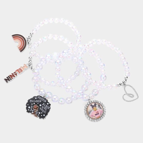 NWT Black Girl Melanin Afro Rainbow Heart AB Iridescent Ball Charm Bracelet Set - Picture 3 of 9